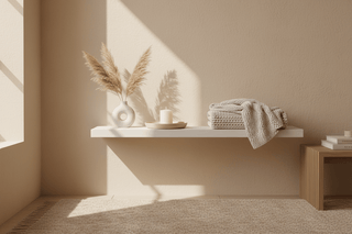 Calm home essentials on a white shelf with ceramic vase, linen throw, and wooden tray in warm neutral tones — Flatiron Home