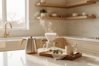 Calm morning kitchen setup with gooseneck kettle, ceramic pour-over, and linen tray on white marble counter — Flatiron Home