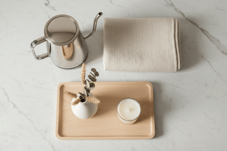 Curated flat lay of calm home essentials including kettle, linen throw, ceramic vase, and wooden tray on white marble — Flatiron Home