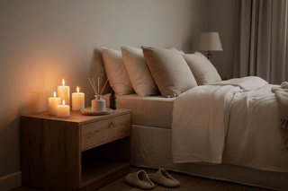 Calm evening home setup with soft lighting, candle, and relaxing essentials for a peaceful night routine — Flatiron Home