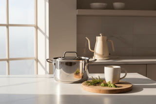 Calm kitchen scene with stainless steel cookware, ceramic mug, and gooseneck kettle on white marble counter — Flatiron Home